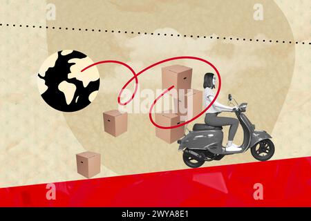 Kreative Fotocollage junges Mädchen Reiten Fahrrad Roller Kartonboxen Lieferung Planet Globus Versand bewegte Zeichnung Hintergrund Stockfoto