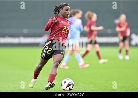 Tubize, Belgien. April 2024. Welma Fon (22) von Belgien, dargestellt während eines Freundschaftsspiels zwischen den Nationalfrauen unter 23 Mannschaften Belgiens und Spaniens am Donnerstag, 4. April 2024 in Tubize, Belgien. Quelle: Sportpix/Alamy Live News Stockfoto