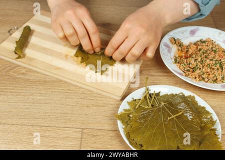 Frau Hände, die Wrap mit Reiszutat zubereiten. Griechische oder türkische Speisen Yaprak Sarma oder Dolma Zubereitung. Traditionelle ägäische Küche in der Türkei. Stockfoto