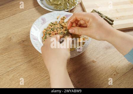 Frau Hände, die Wrap mit Reiszutat zubereiten. Griechische oder türkische Speisen Yaprak Sarma oder Dolma Zubereitung. Traditionelle ägäische Küche in der Türkei. Stockfoto