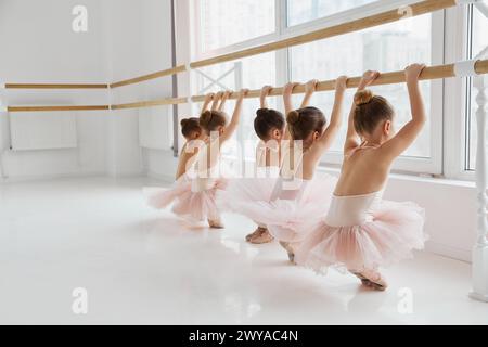 Foto von Kindern, kleinen Mädchen in Tutus, die Ballettbewegungen von Barre im modernen Lichttanzstudio trainieren. Klassische Ballettschule. Stockfoto