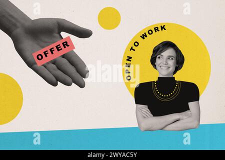Kreative Composite-Fotocollage von positiver Berufsfrau erhält Stellenangebot nach erfolgreichem Interview isoliert auf gemaltem Hintergrund Stockfoto