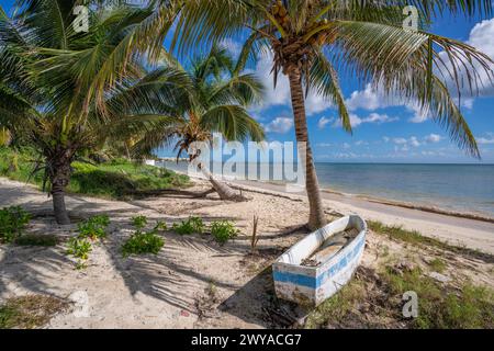 Blick auf das rustikale Kanu-Boot am Strand in der Nähe von Puerto Morelos, Karibikküste, Yucatan Halbinsel, Mexiko, Nordamerika Copyright: FrankxFell 844-32722 Stockfoto