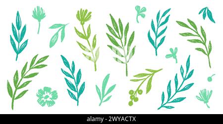 Blattpinsel handgezeichnete Tintenelemente. Grüne Buntstift Textur Pinsel abstrakte Olive, Blume, Blatt abstrakte Hand gezeichnete Illustration. Pinselzweig, botanische florale Silhouette Vektor-Illustration Stock Vektor