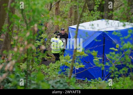 Polizeibeamte in einem forensischen Zelt in Kersal Dale, in der Nähe von Salford, Greater Manchester, wo eine große Untersuchung eingeleitet wurde, nachdem am Donnerstagabend menschliche Überreste gefunden wurden. Die Polizei von Greater Manchester (GMP) sagte, dass Beamte von einem Mitglied der Öffentlichkeit gerufen wurden, der einen „unbekannten Gegenstand in Plastik gewickelt“ fand. Bilddatum: Freitag, 5. April 2024. Stockfoto