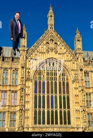 Der politische Sketch-Autor Quentin Letts schickte sich digital auf ein Dach des Palace of Westminster. Quentin weiß, was los ist, er ist überall drauf, aber hör auf, ihn verdammt nochmal zu kommandieren. Parlamentsgebäude. Tägliche abstrakte Kunst. Fotografie und Bearbeitung von Russell Moore. Der Titel dieses Bildes lautet: HÖR AUF, MICH AUF DAS DACH zu BRINGEN. Stockfoto