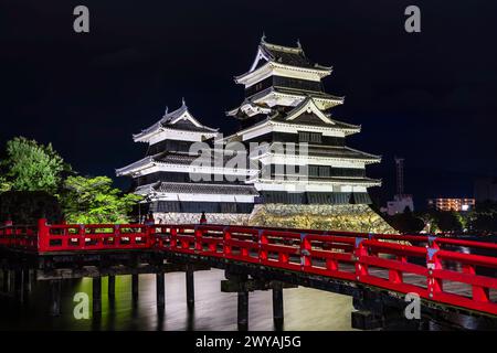 Japanisches Schloss und rote Brücke bei Nacht mit einer Reflexion im Graben Stockfoto