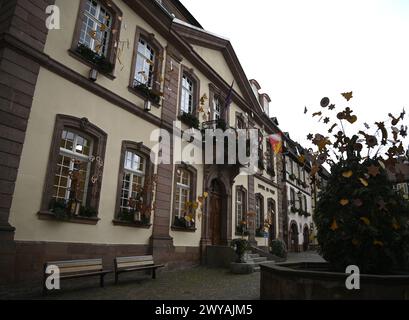 Malerischer Außenblick auf das Rathaus, ein historisches Wahrzeichen mit festlicher Weihnachtsdekoration in Ribeauvillé, Frankreich. Stockfoto