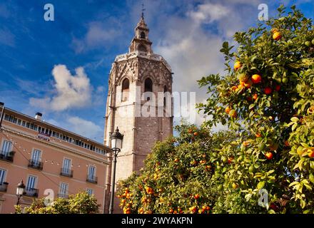 Torre del Miquelete, Plaza de la reina, Valencia, Comunidad Valenciana, España. Stockfoto