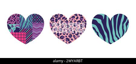 Set von Herzsymbolen mit verschiedenen Mustern in Retro-Farben. Herz mit Leopardenmuster, Zebramuster und geometrischen Mustern. Vektorabbildung Stock Vektor