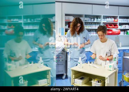 Krankenschwester Medikamente vorbereiten, Pflegekontrolle, Pflanze Hospitalisierung, Krankenhaus Donostia, San Sebastian, Gipuzkoa, Baskenland, Spanien. Stockfoto