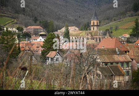 Ländliche Landschaft mit malerischem Blick auf Ribeauvillé, ein malerisches Dorf an der Weinstraße des Elsass in Frankreich. Stockfoto