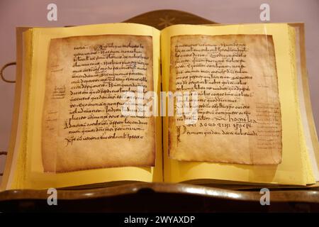 "Glosas Emilianenses" erste Beispiele für spanische und baskische Schriften, Kloster Yuso, San Millan de la Cogolla, La Rioja, Spanien. Stockfoto