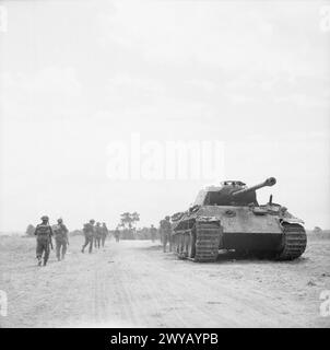 Britische Truppen stoßen im Juni 1944 während des Zweiten Weltkriegs an einem zerstörten Panzerkampfwagen V Panther Ausf vorbei. Stockfoto