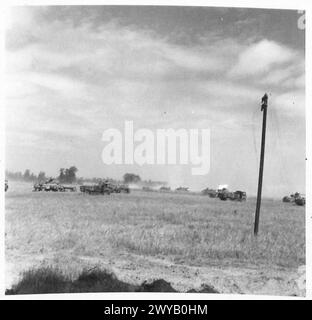 NORMANDIE - VERSCHIEDENE - Originalunterschrift aus Kriegszeiten: Mobil 25 pdr. Waffen schießen auf Falaise von einem Maisfeld aus mit Blick auf die Stadtnähe. Im Hintergrund bewegt sich unsere Rüstung in Staubwolken. Fotografisches negativ, britische Armee, 21. Armeegruppe Stockfoto