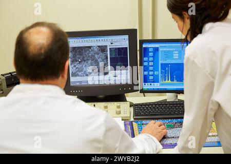 Bilder einer Schrumpfhöhle in einem Gießstück und elementarchemischer Analyse. SEM. Elektronisches Scanning-Mikroskop. Technologische Dienstleistungen für die Industrie. Tecnalia Research & Innovation, Donostia, San Sebastian, Gipuzkoa, Baskenland, Spanien. Stockfoto