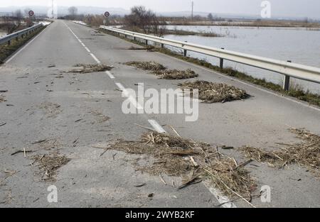 Überschwemmungen am Ebro-Fluss. Februar 2003. Pina de Ebro, Provinz Saragossa. Spanien. Stockfoto