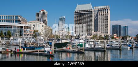 Kommerzielle Fischereidocks in San Diego: Eine Vielzahl von Fischereifahrzeugen legen im Hafen von San Diego, Kalifornien, an. Stockfoto