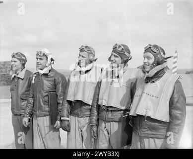 US-MARINEFLIEGER KOMMEN IN GROSSBRITANNIEN AN. APRIL 1942: ROYAL MARINEFLUGSTATION HATSTON. VIER GESCHWADER VON US NAVY, BESTEHEND AUS 9 DOUGLAS TBD DEVASTATOR TORPEDOBOMBERN, 9 GRUMMAN F4F WILDCAT JAGDFLUGZEUGEN UND 29 VOUGHT SB2U VINDICATOR SCOUT BOMBERN, KAMEN IN HATSTON AN, UM MIT DER FLOTTENLUFTWAFFE ZUSAMMENZUARBEITEN. MIT IHNEN SIND 65 US-MARINE-PILOTEN UND 200 ODD-RADIOMEN, LUFTWAFFENSCHÜTZER UND RESERVEN. - Einige der US Navy-Piloten. , Stockfoto