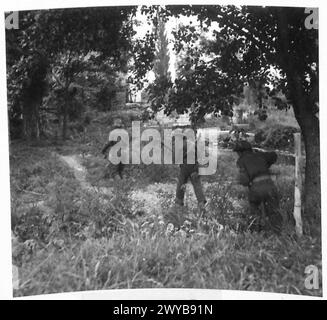 NORMANDIE, VERSCHIEDENE - Originaltitel aus der Kriegszeit: Die Patrouille verlässt das Ziel, nachdem sie Informationen erhalten hat. Fotografisches negativ, britische Armee, 21. Armeegruppe Stockfoto