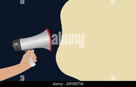Mädchen Hand hält Megaphon mit Sprechblase auf blauem Hintergrund Banner Poster. Für den Frauentag und die Werbung. Für exklusive Disc Stock Vektor