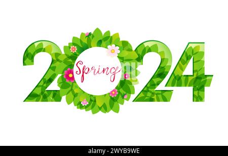 Kreatives grünes Logo 2024 mit Blumen und Blättern. Modernes Design. Zahlenhintergrund mit isolierter Schnittmaske. Happy Spring oder Hello Summer Concept. Stock Vektor