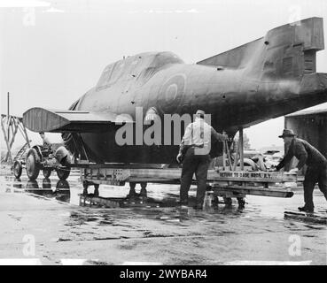 US-FLUGZEUGE FÜR DEN LUFTWAFFENARM DER BRITISCHEN FLOTTE. OKTOBER 1943, ROOSEVELT FIELD, LONG ISLAND, NEW YORK. DIE FLOTTENFLOTTE DER ROYAL NAVY SETZT DIE NEUESTEN FLUGZEUGTYPEN EIN, DIE IN DEN USA GEBAUT WURDEN. EINIGE DER FLUGZEUGE, DIE SICH IN DER PRÜFUNG, VERPACKUNG UND VERSAND AUS DEN USA BEFINDEN. - Ein Grumman Tarpon für den Versand an die Royal Navy. , Stockfoto