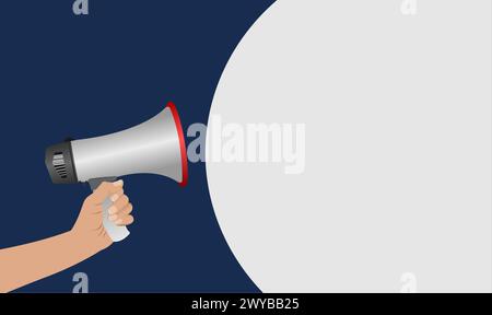 Mädchen, das Megaphon mit Sprechblase auf blauem Hintergrund hält. Exklusive Rabatte und Sonderangebote. Stock Vektor