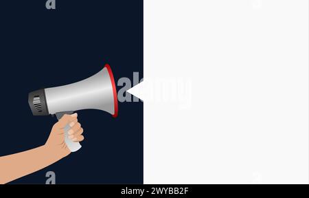 Mädchen Hand hält Megaphon mit quadratischem weißem Meldungsfeld auf blauem Hintergrund Banner Poster. Für den Frauentag und die Werbung. Für exc Stock Vektor