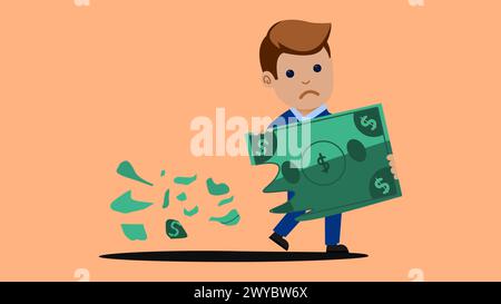 Gewinn und Verlust im Geschäft oder Deflations- und Inflationskonzept. Verlieren Sie Geldinvestitionen in der Finanzkrise, Geschäftsmann hält Dollar-Banknotengeld Stock Vektor