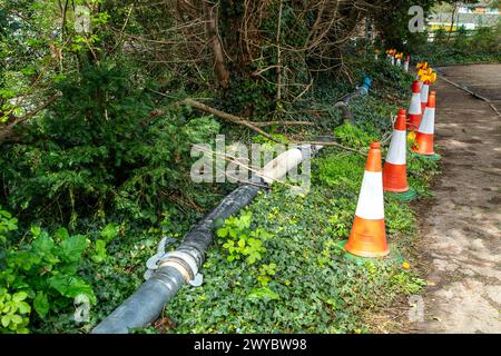 Chalfont St Peter, Großbritannien. April 2024. Ein Teil des Dorfes Chalfont St Peter bleibt für Fahrzeuge gesperrt, da Thames Water und ihre Auftragnehmer weiterhin Grundwasser und Abwasser aus Schächten im Dorf Chalfont St Peter in Buckinghamshire pumpen. Dem Vernehmen nach gibt es dort seit dem 2. Januar 2024 Wasser auf der Themse. Sieben Tanker standen heute an, um Abwasser zu entfernen. Das Wasser der Themse pumpte manchmal überschüssiges Abwasser direkt in den Fluss Misbourne, einen wertvollen Kreidefluss. Heute ist die Muttergesellschaft von Thames Water Berichten zufolge mit Schulden von in Verzug geraten Stockfoto