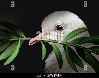 Scheitern der Diplomatie als gescheiterte Friedensgespräche, die zur Tragödie des Krieges führten, wie eine weiße Taube mit einem Olivenzweig, der vor Tränen der Traurigkeit weint, repräsentieren Stockfoto