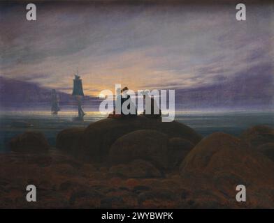 Mondaufgang über dem Meer (1822). 55 x 71 cm. Alte Nationalgalerie, Berlin. Ab den frühen 1820er Jahren erscheinen in seinen Gemälden immer häufiger menschliche Figuren.[31] Caspar David Friedrich Stockfoto