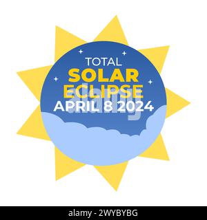 Totale Sonnenfinsternis, Sonnenfinsternis, totale Sonnenfinsternis 8. April 2024 im Kreis isoliert auf weißem Hintergrund Vektorillustration. Stock Vektor