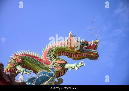 Farbenfrohe und komplizierte Drachenskulpturen schmücken das Dach eines traditionellen taiwanesischen Tempels vor klarem Himmel Stockfoto