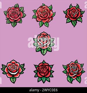 Wunderschöne Old School Tattoo Rosen Kollektion. Old School Tattoo Rosen Set. Vector Elements Collection. Traditionelle amerikanische Tätowierungsblüten. Stock Vektor