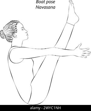 Skizze einer jungen Frau, die Navasana-Yoga-Pose praktiziert. Bootsstellung. Mittlere Schwierigkeit. Isolierte Vektordarstellung. Stock Vektor