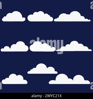 Wolke. Niedliches abstraktes weißes wolkiges Set isoliert auf blauem Hintergrund. Vektorabbildung Stock Vektor