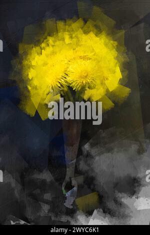 Gelbe Löwenzahn in einer dunklen Vase. Schöne dunkle Ölgemälde Hintergrund Illustration Stockfoto