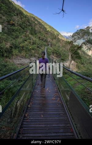 Das Bild zeigt eine einsame Frau, die auf einer hölzernen Hängebrücke, umgeben von üppigem Grün, von der Kamera weggeht Stockfoto