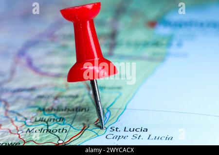 St. Lucia, Südafrika Pin auf der Karte Stockfoto