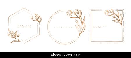 Set aus Vorlagen mit Blumenrahmen im minimalen linearen Stil mit handgezeichneten Ästen und Blättern. Eleganter Rahmen. Botanische Vektorillustration für Etiketten, Co Stock Vektor