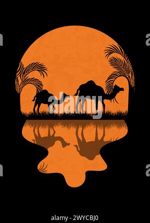 Night Sahara und Vollmond minimalistisches Poster. Oasenlandschaft, wilde Kamele in Afrika. Abbildung: Panoramaansicht. Reisen Sie nach Ägypten. Vektorillustratio Stock Vektor
