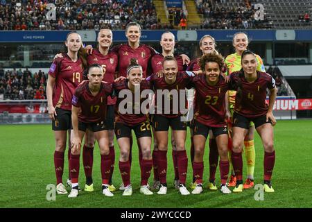 Leuven, Belgien. April 2024. Spieler Belgiens mit Sari Kees, Tine de Caigny, Justine Vanhaevermaet, Feli Delacauw, Tessa Wullaert, Lisa Lichtfus, Jill Janssens, Laura Deloose, Sarah Wijnants, Kassandra Missipo und Amber Tysiak posieren für das Teamphoto vor einem Fußballspiel zwischen der belgischen Frauennationalmannschaft Red Flames und Spanien am Freitag, den 5. April 2024, in Heverlee, Leuven, das 1/6 der Qualifikationen der Europameisterschaften 2025. BELGA FOTO DAVID CATRY Credit: Belga News Agency/Alamy Live News Stockfoto