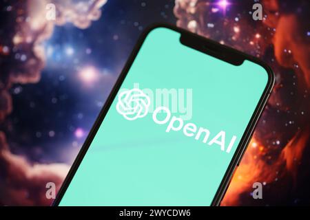 KIEW, UKRAINE - 17. MÄRZ 2024 OpenAI-Logo auf dem iPhone-Display mit Hintergrund der künstlichen Intelligenz futuristischen Ai-generierten Bild Nahaufnahme Stockfoto