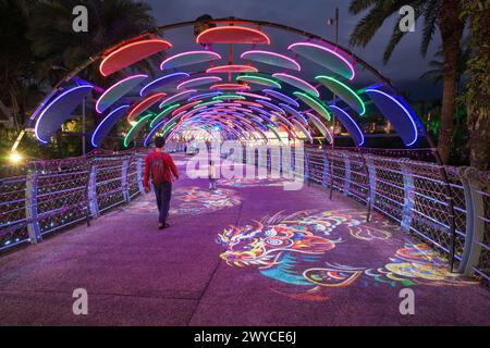 Menschen gehen unter einem bunten beleuchteten Bogengang mit 2024-Jahres-Projektionen und chinesischen Schriftzeichen bei Nacht Stockfoto
