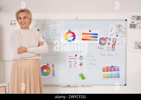 Reifer Kunstlehrer hält einen Vortrag in der Nähe des Whiteboards in der Schule Stockfoto