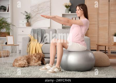 Sportlich schwangere Frau mit Cocker Spaniel Training am Fitball zu Hause Stockfoto