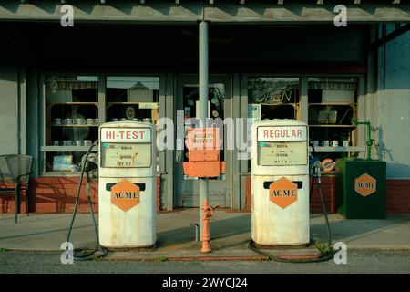 Vintage-Schilder und Gaspumpen an der Wallys Service Station, Mount Airy, North Carolina Stockfoto