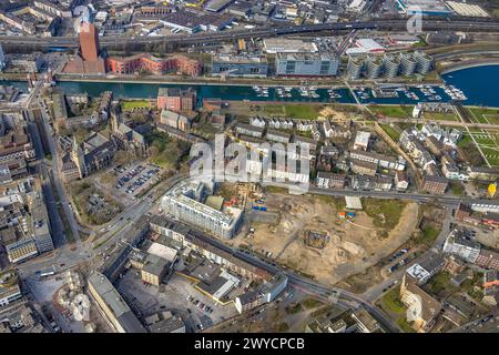 Aus der Vogelperspektive, Mercator Quartier Baustelle für neue Hotels und Apartments, Salvatorkirche und Rathaus Duisburg, Wohngebiet im Innern Stockfoto